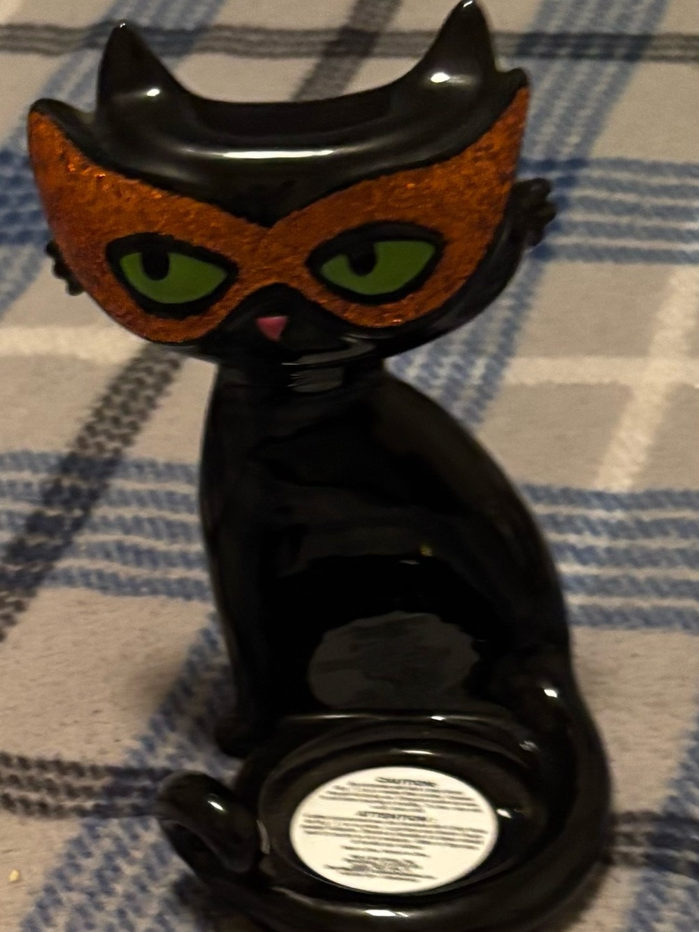 Black Cat Figurine with Orange Mask - Decorative candle holder